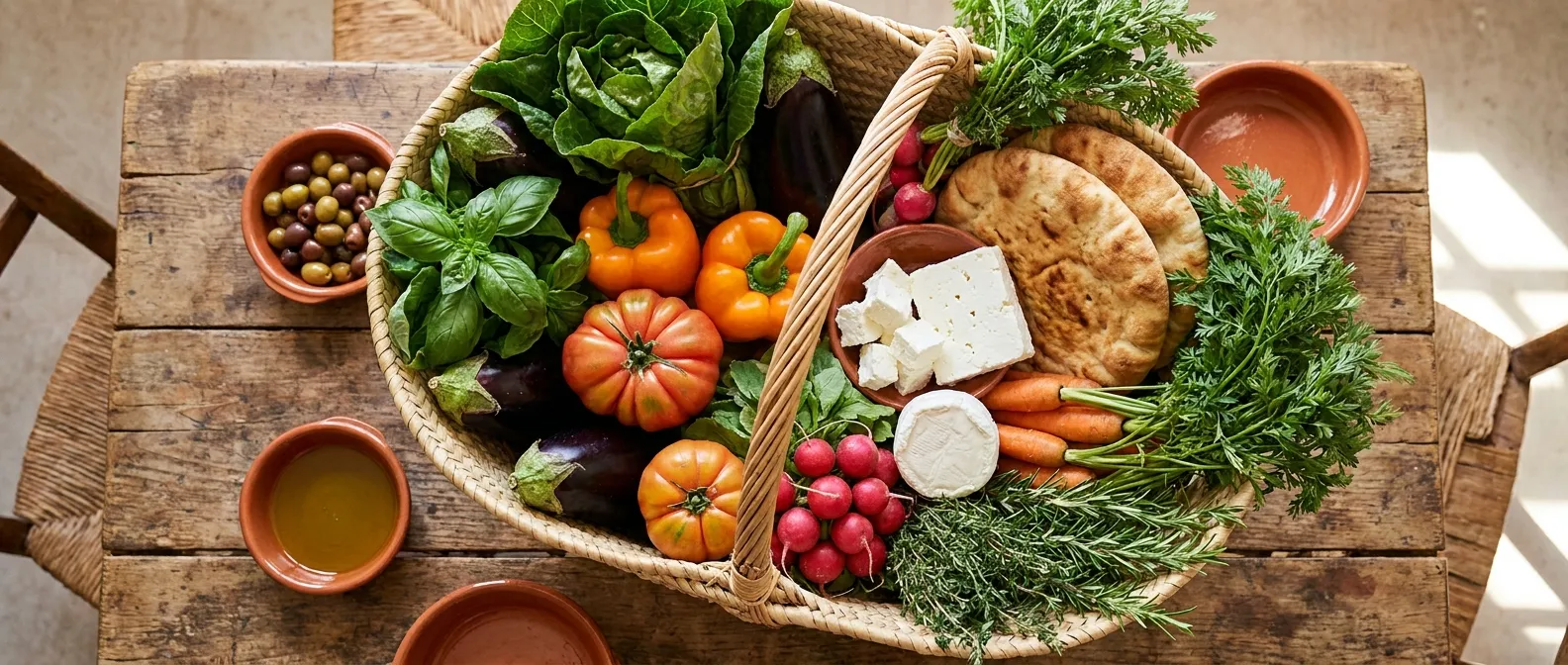 Mediterraner Einkaufskorb von oben - Gemüse, Fladenbrot, Feta und Oliven auf rustikalem Holztisch, wie beim Wocheneinkauf bei Xani in Hamm