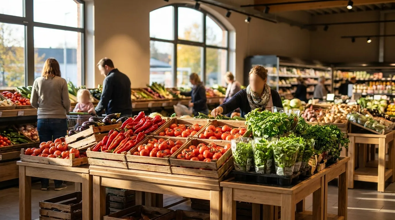 Gut gefüllte Obst- und Gemüseauslage im Xani Supermarkt an der Hohenhöveler Straße in Hamm-Bockum-Hövel
