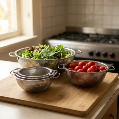 Edelstahl-Servierschalen mit Salat und Tomaten, wie sie im Hammer Küchenregal stehen